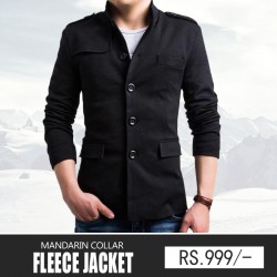 Black Mandarin Collar Fleece Jacket